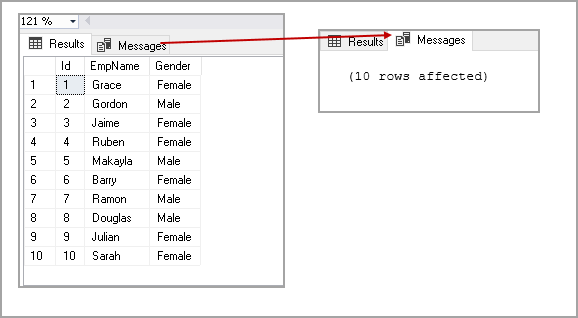 Result and message tab in SSMS