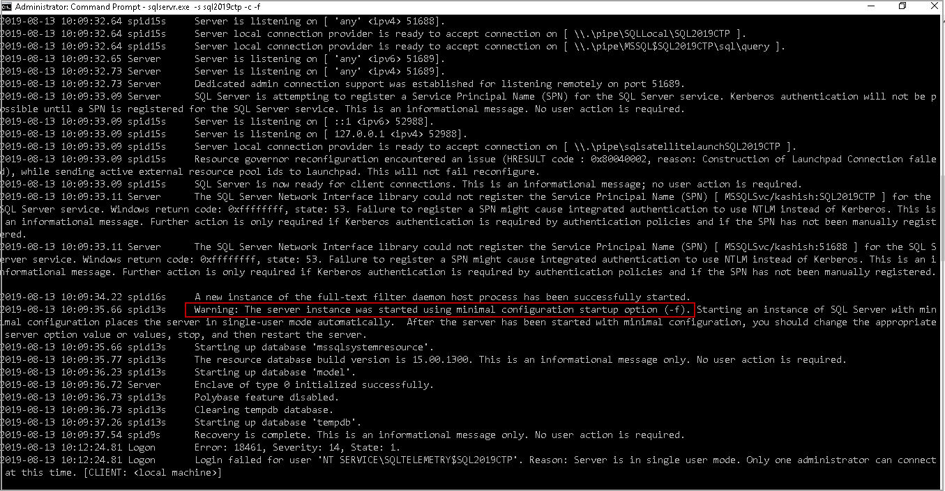 Start SQL Service in single user mode