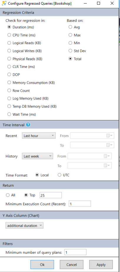 Screenshot of regression query options