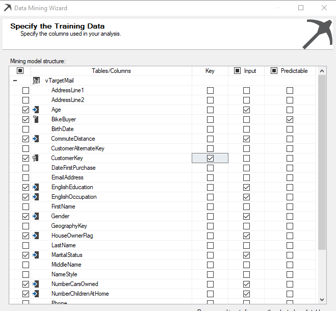 Selection of Key, Input and Predictable attributes. 