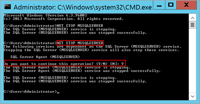 stop SQL Server services using command prompt