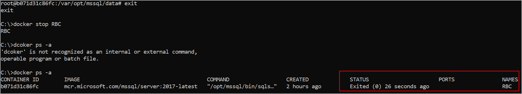 stop the SQL server container in docker