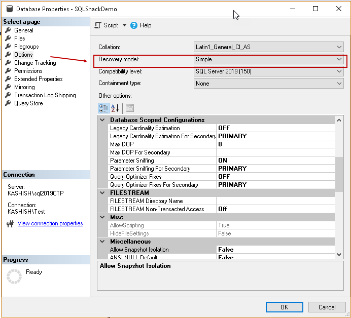 Modify recovery model to SImple