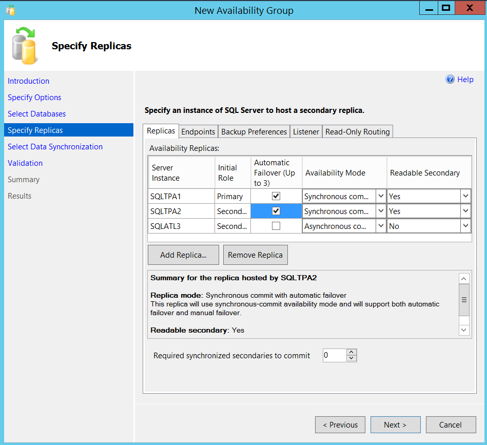 New SQL Server Always On availability group - specify replicas