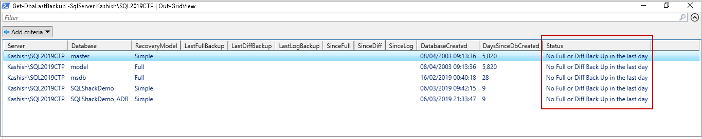 Backup SQL database - last database backups using command Get-DbaLastBackup. 