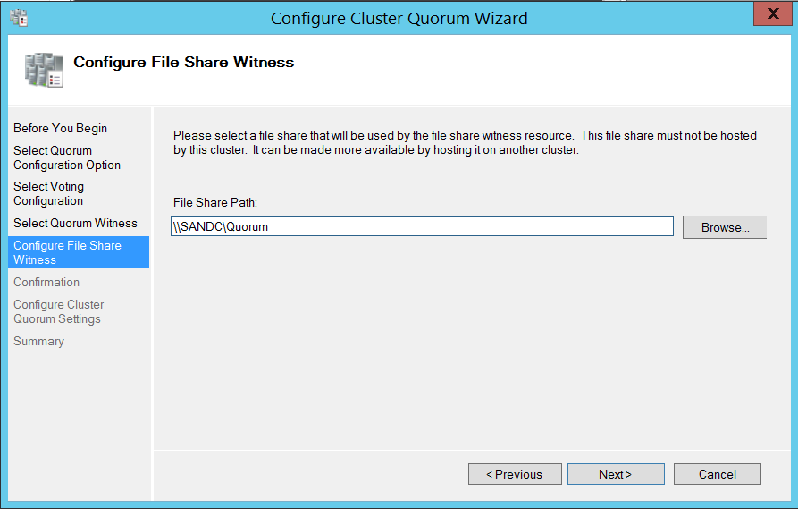 Configure cluser quorum wizard - configure file share witness