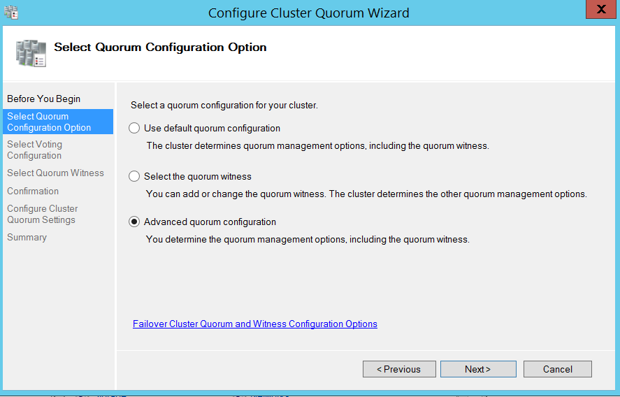 Configure cluser quorum wizard - Select quorum configuration options