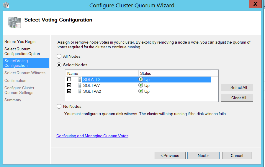 Configure cluser quorum wizard - select voting configuration