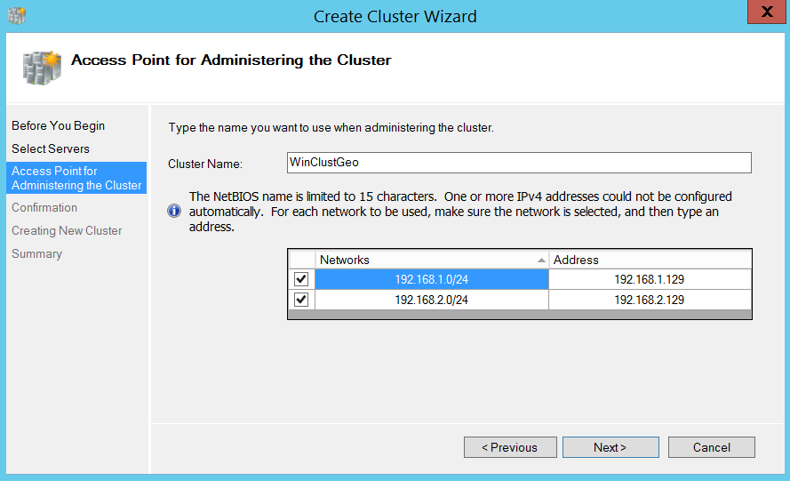 Create a cluster wizard - access point for administering the Cluster
