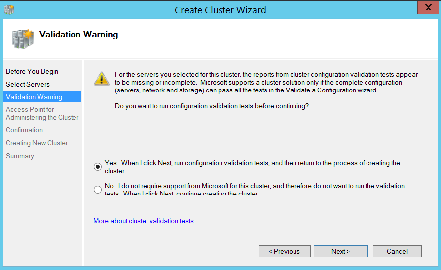 Create cluster wizard - validation warning