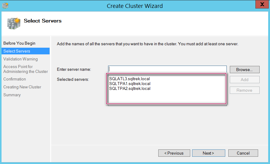 Create cluster wizard - select servers