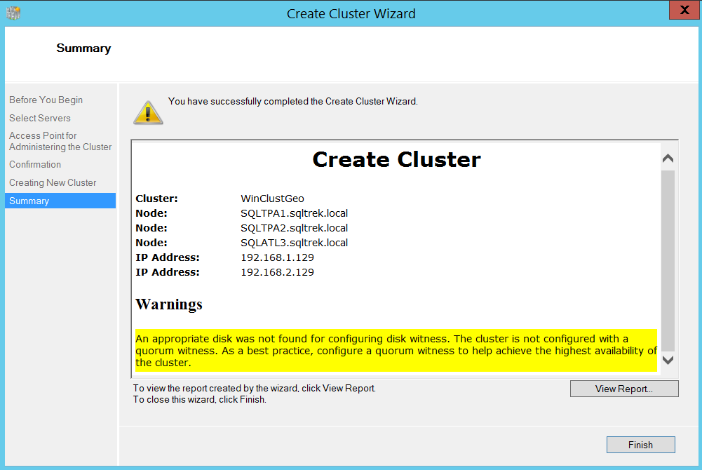 Create cluster wizard - summary