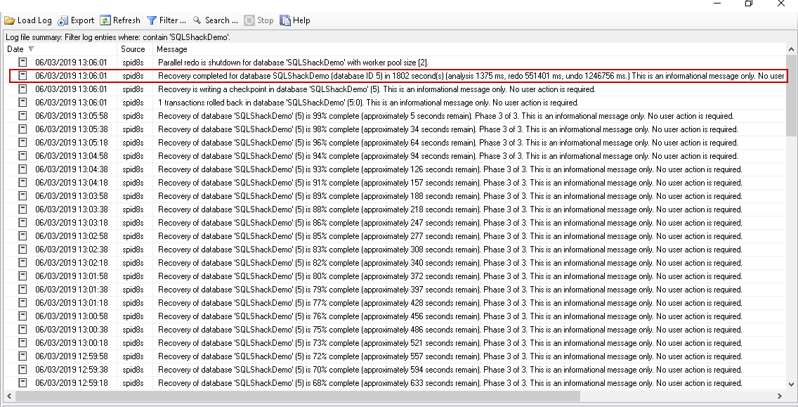 Database recovery status in error log