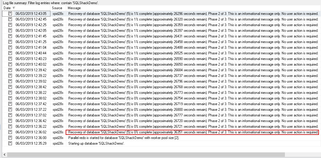 Database recovery status in error log