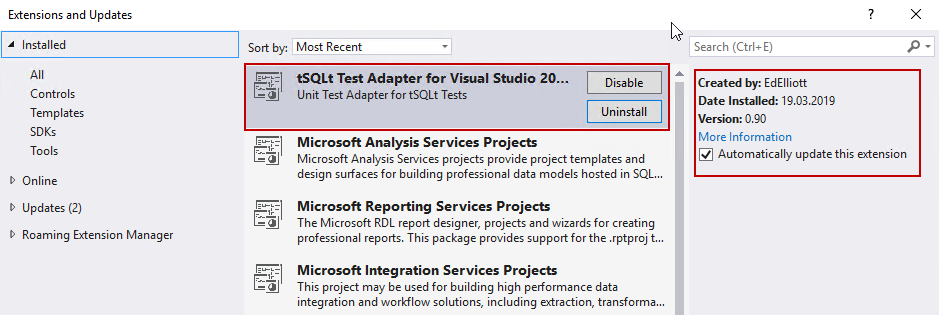 SQL Unit testing - Extensions and Updates list in Visual Studio 