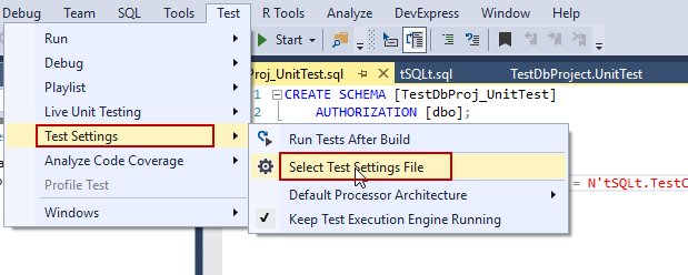 SQL developer unit testing - How to select test file in Visual Studio.