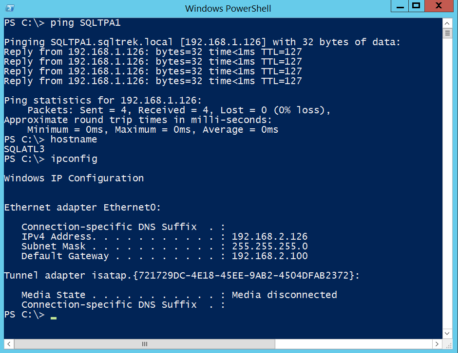 Ping test from SQLATL3 to SQLTPA1: