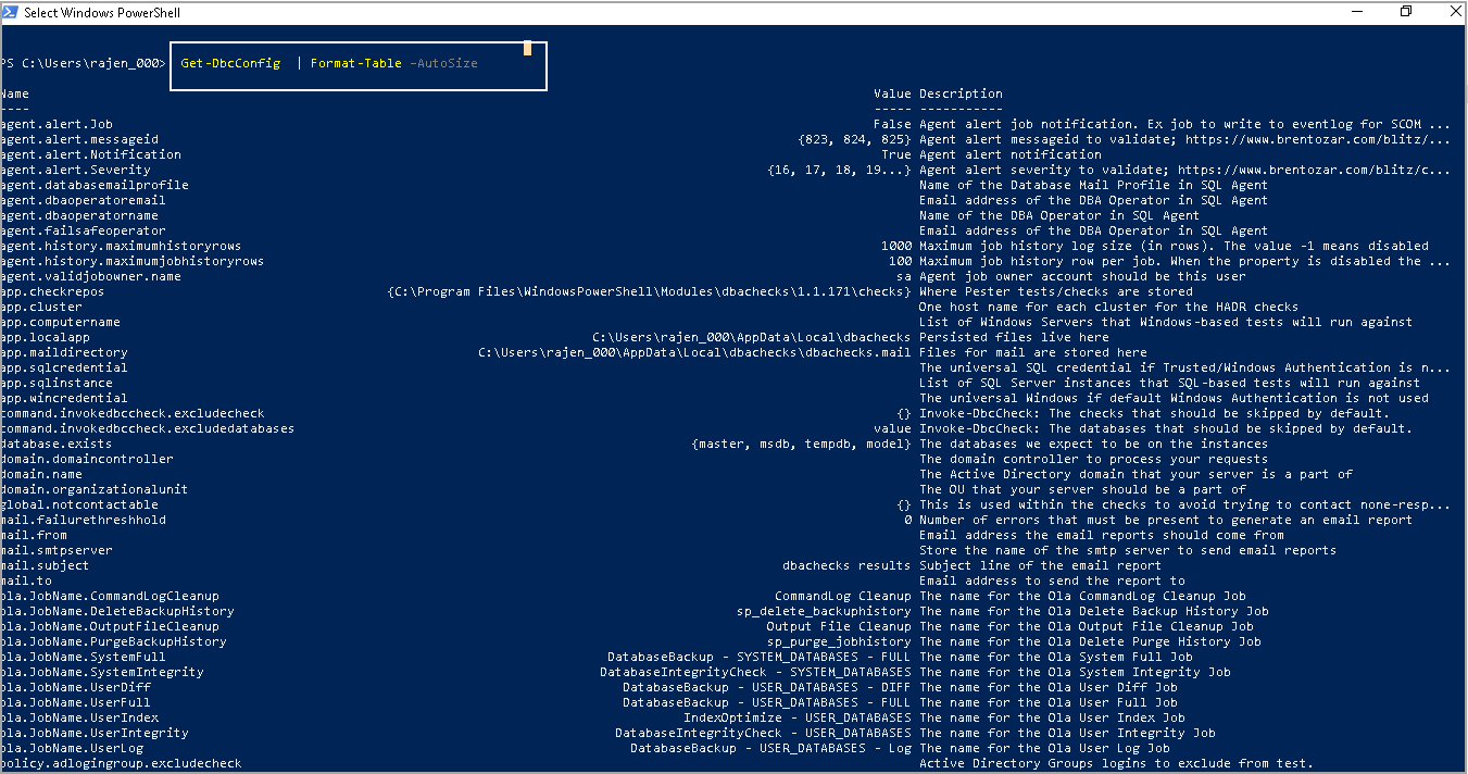 powershell sql server module DBAChecks: DbcConfig commands