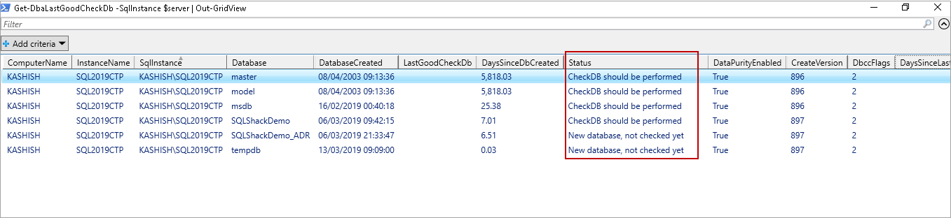 powershell sql server module DBAChecks: DBAChecks Output in Grid View 