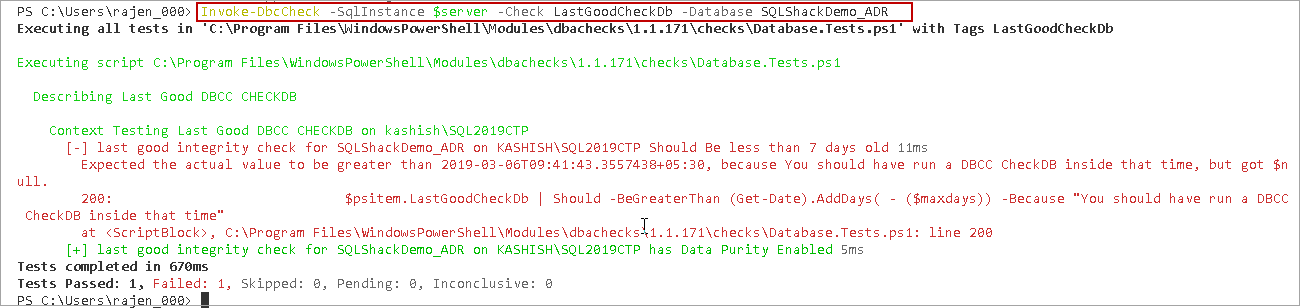 powershell sql server module DBAChecks: Filter result for a particular database