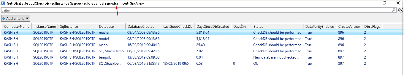 powershell sql server module DBAChecks: View result after connecting with SQL user