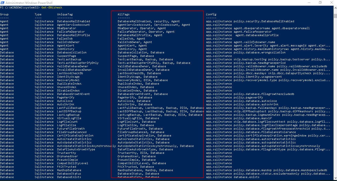 PoweShell SQL Server module DBAChecks: Get-DBCCheck outout