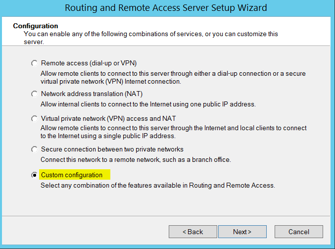 Routing and Remote Access Server Setup Wizard - custom configuration