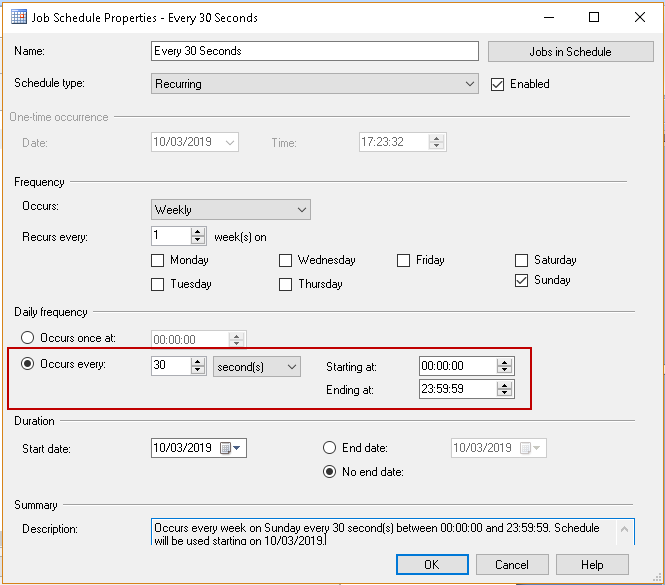Set SQL Server Agent job schedule