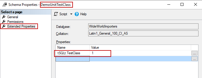 SQL Unit testing - - tSQLt extended properties