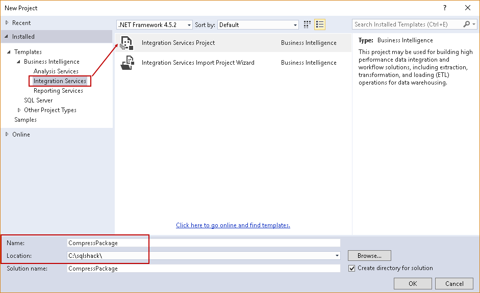 SQL import of compressed data: Create new Integration Service Project in Visual Studio 2017