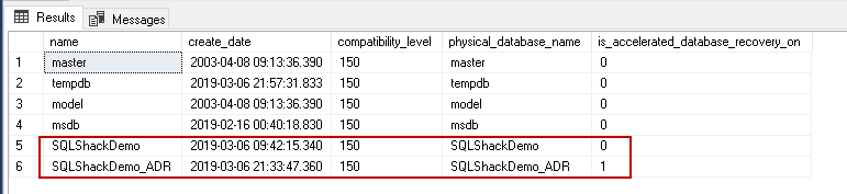 Verify the ACCELERATED_DATABASE_RECOVERY on database level