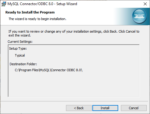 MySQL Connection/ODBC wizard -Ready to Install the Program dialog