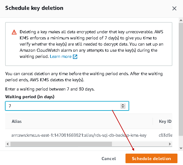 Schedule key deletion waiting time