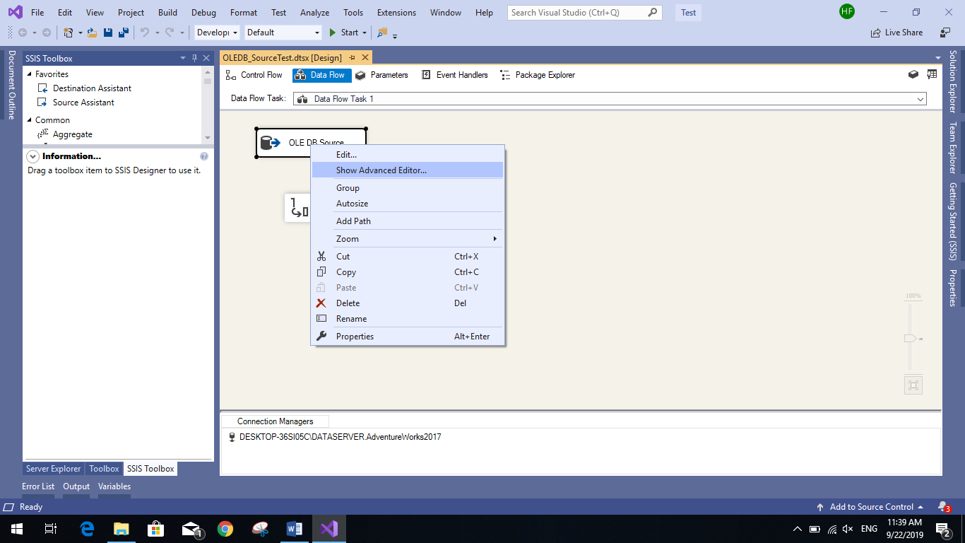 This image shows how to open the source advanced editor to change the SSIS data types of the columns
