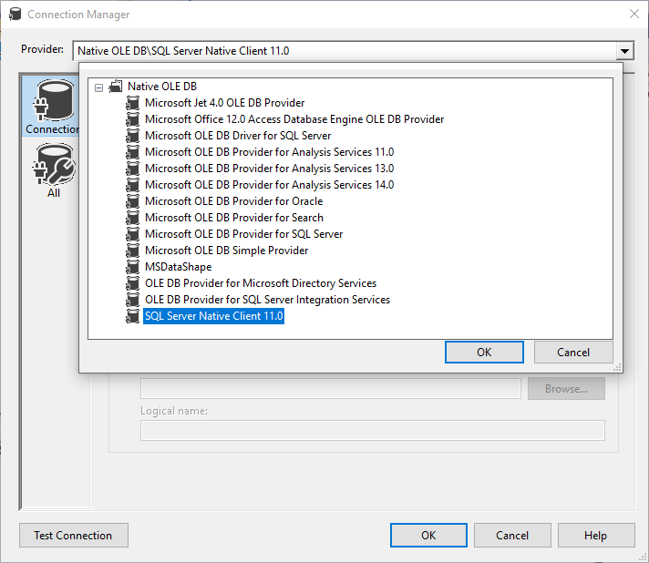 This image shows the OLE DB providers list found in Visual Studio 2017