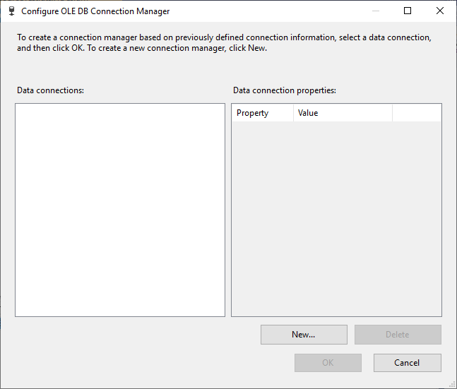 This image shows the defined OLE DB connections form where you can add and delete connections