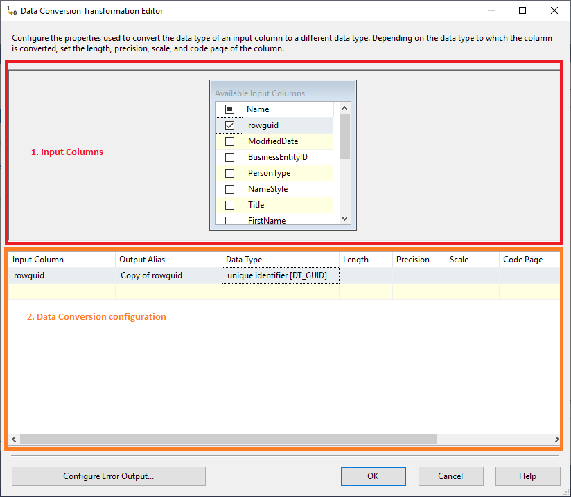 This images shows the data conversion transfomation editor