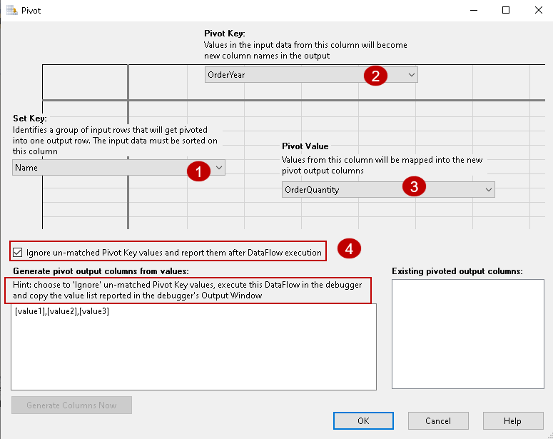 Specify the inputs in Pivot