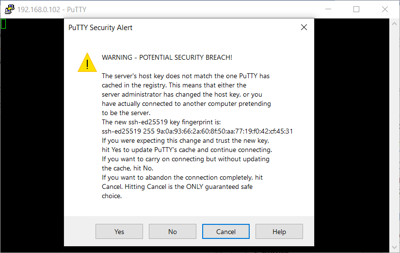 The PuTTY Security Alert dialog 