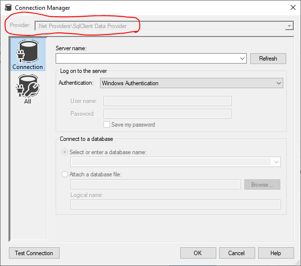 this image shows how data profiling task in SSIS only accept ado.net connection using sqlclient provider