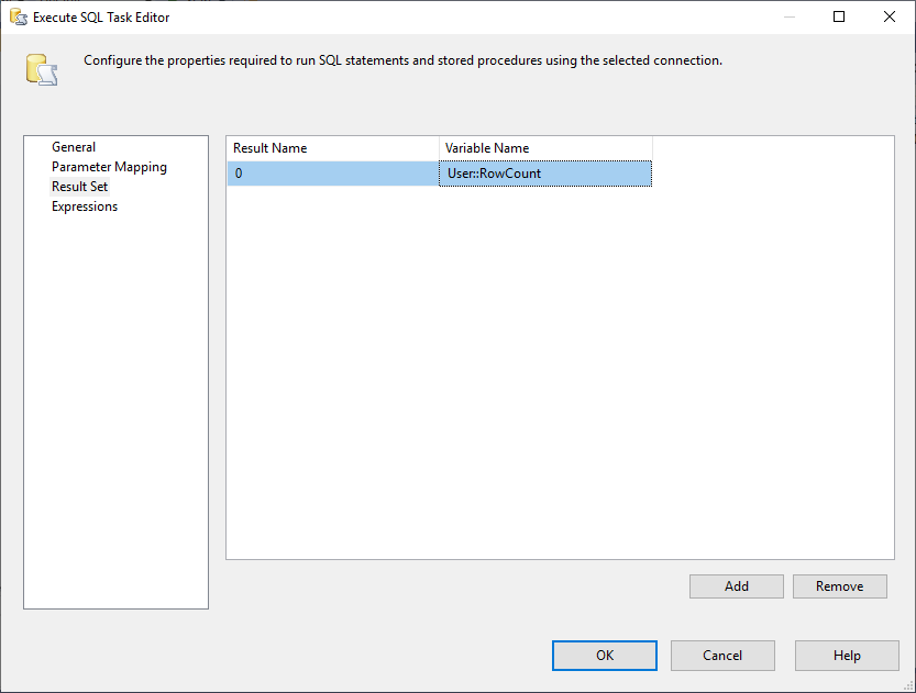 how to map the result set to a variable in the execute sql task