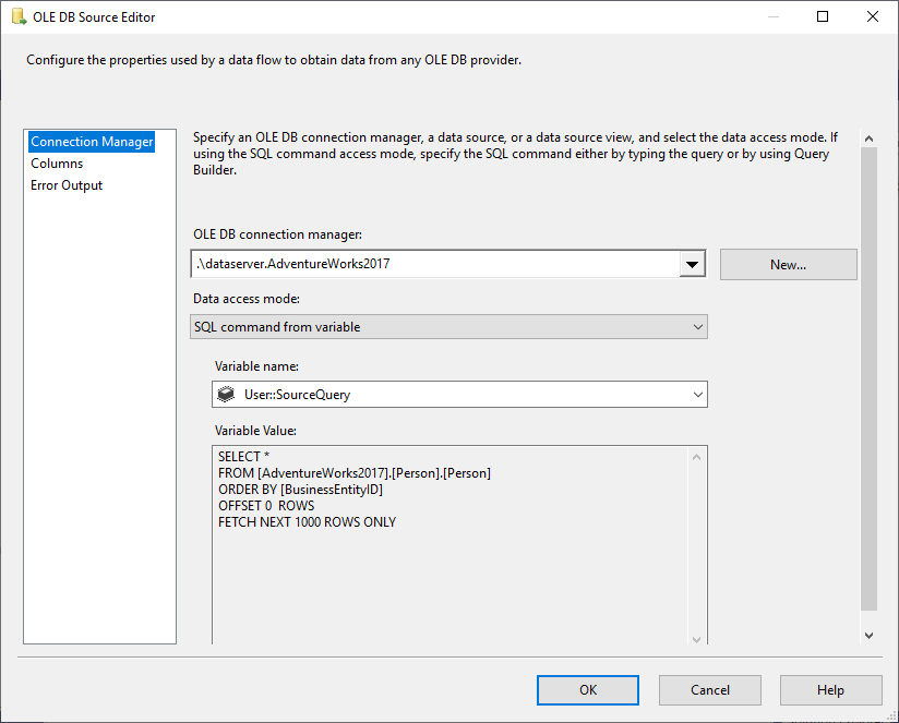 how to use the sql command that contains the offset fetch feature in the ole db source