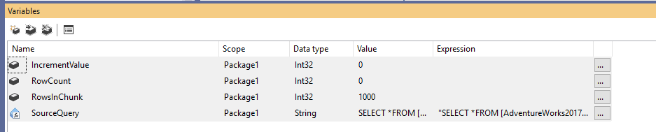 the variables added to the SSIS package