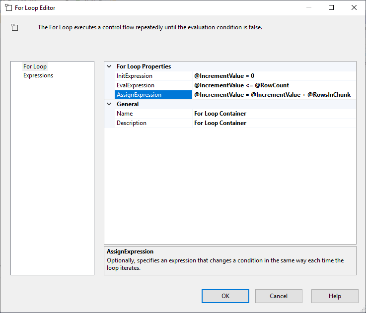 how to configure the for loop container in order to set the offset fetch values