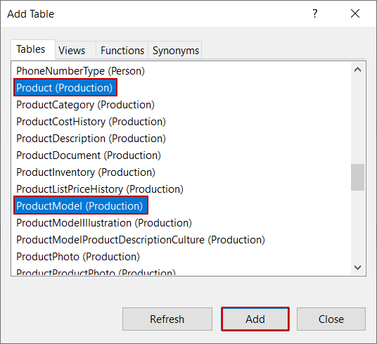 Add tables for view in SQL Server Management Studio