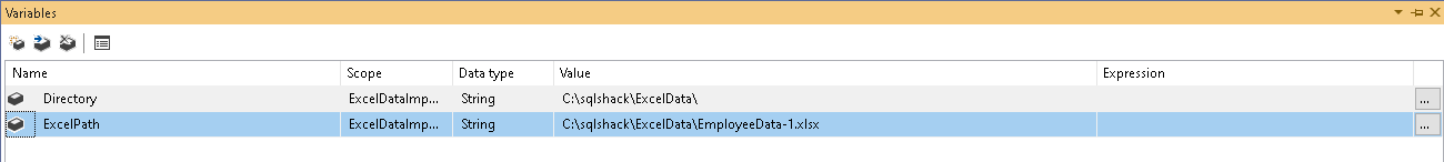 Add variables in SSIS package