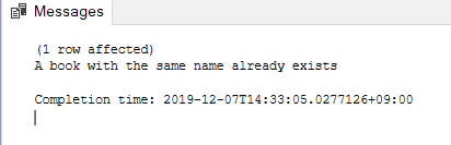 Error message set by transaction explaining that 'a book with this name already exists'