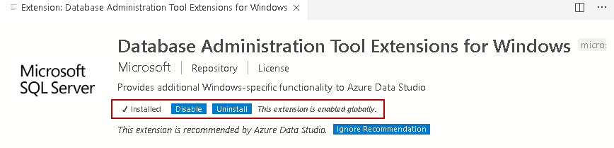 Installation of Database Administration Tool Extension for Windows