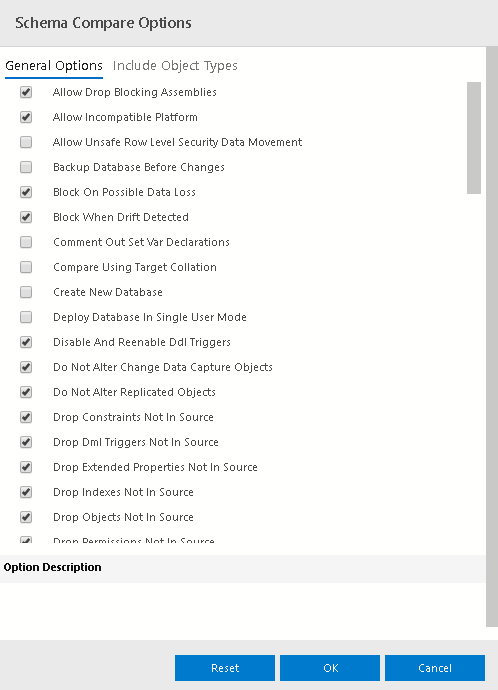 Schema compare options