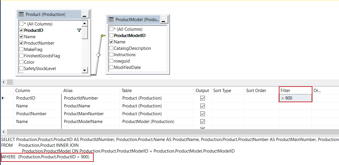 Setting the filter options of the view in SSMS